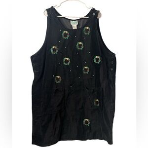 Quacker Factory Black Velvet Jumper Dress with Festive Wreath Embroidery Size 2X